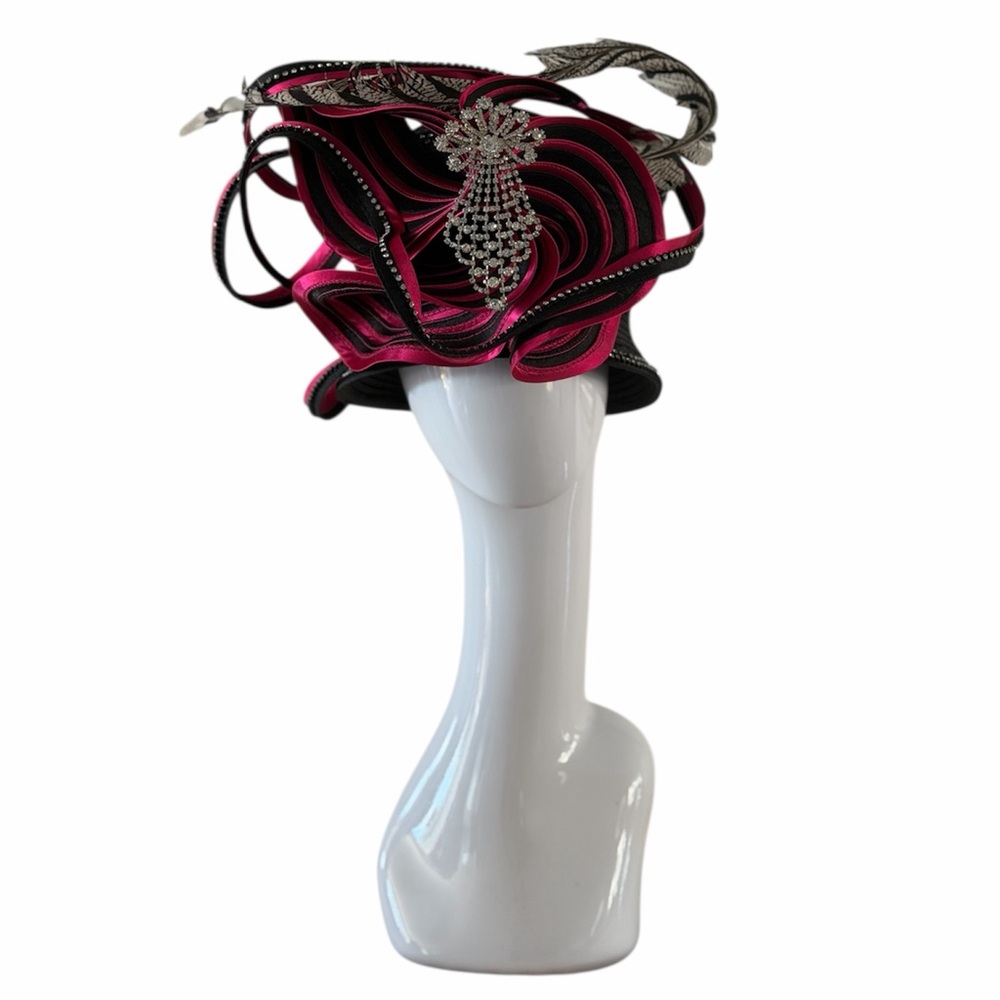 Donna Vinci Couture Black & Pink Ribbon Mushroom Hat w/Rhinestones & Feather